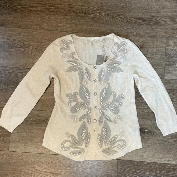 ANTHROPOLOGIE Knitted & Knotted Ivory Cardigan Felt Leaf Cashmere Cotton NWT - Picture 11 of 16